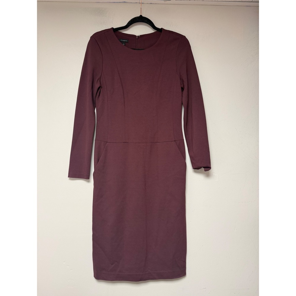 Talbots Sheath Dress Womens 6 Burgundy Excellent Long Sleeve Pockets Ponte 8371